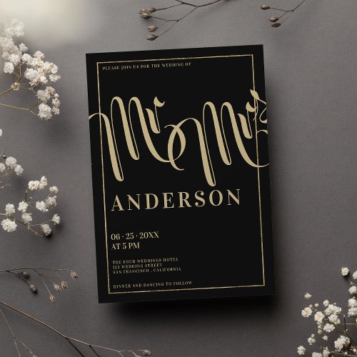 Elegant black gold Mr and Mrs calligraphy wedding Invitation