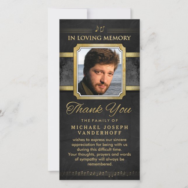 Elegant Black Gold Music Notes Memorial Thank You (Front)