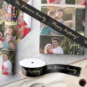 Elegant Black Gold Name Happy Birthday Gift Wrap Satin Ribbon