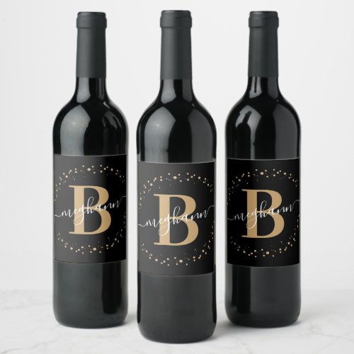 Elegant Black Gold Name Monogrammed Script Wine Label