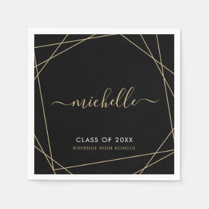 Elegant Black Gold Name Script Graduation Napkins