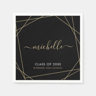 Elegant Black Gold Name Script Graduation Napkins