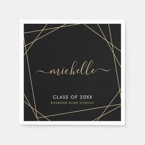 Elegant Black Gold Name Script Graduation Napkins