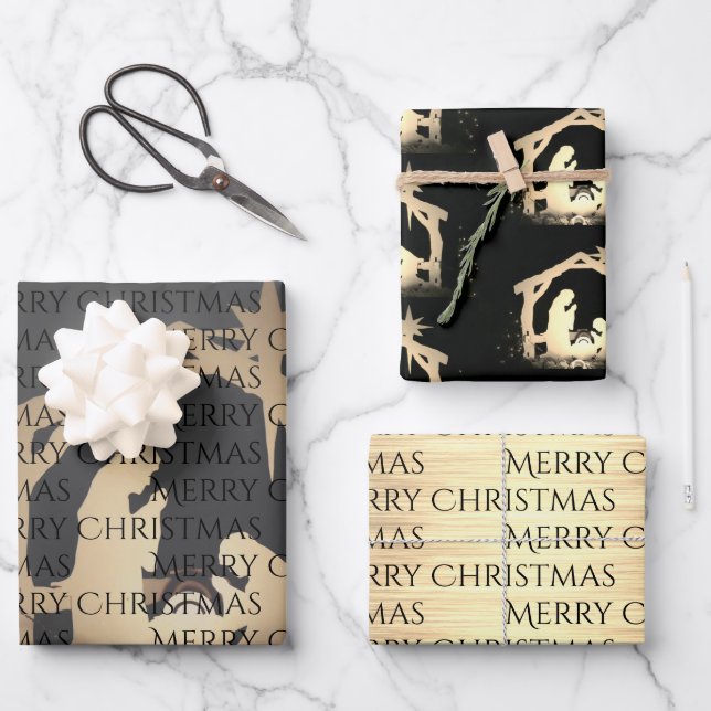 Elegant Black & Gold Nativity Merry Christmas Wrapping Paper Sheets (Front)