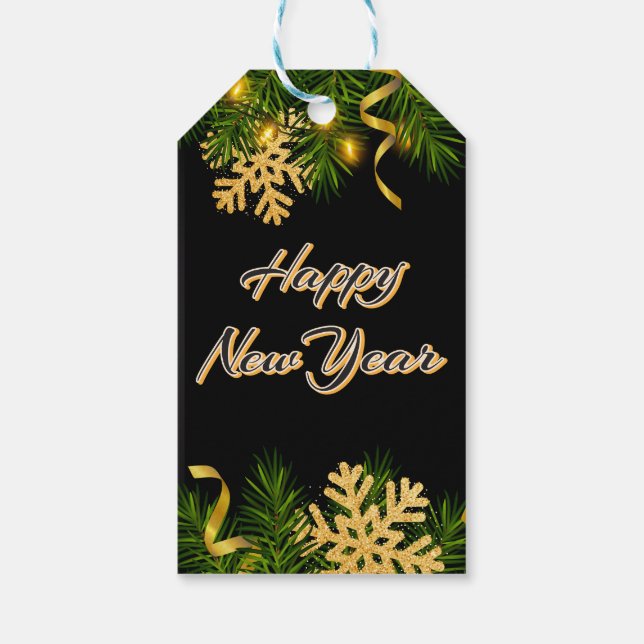 Elegant Black & Gold New Year Gift Tags (Back)