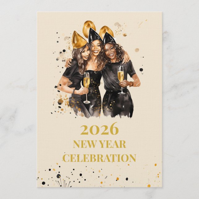 Elegant Black & Gold New Year Invitation (Front)