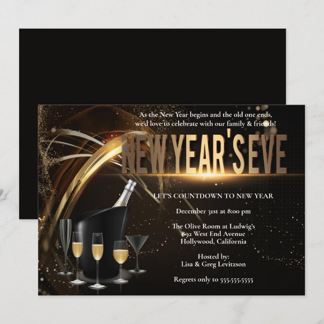 Elegant Black & Gold New Years Eve Party Invitatio Invitation (Front/Back)