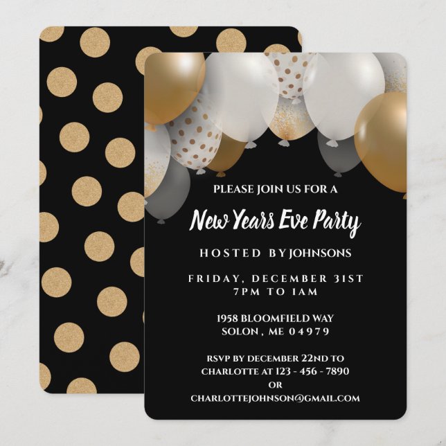Elegant Black & Gold New Years Eve Party Invitation (Front/Back)