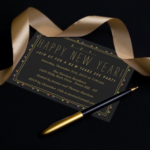 Elegant Black  Gold New Years Eve Party Invitation