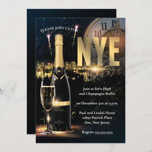 Elegant Black  Gold New Years Eve Party Invitation