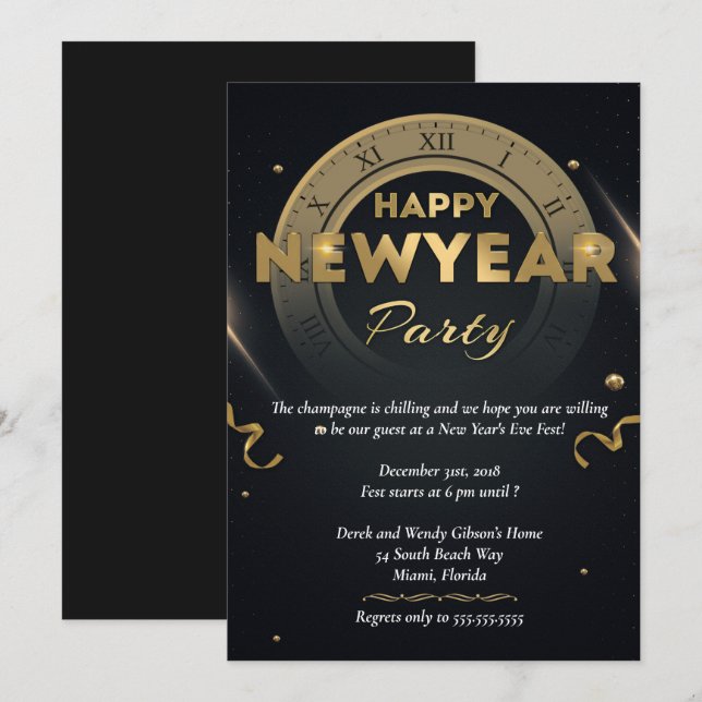 Elegant Black & Gold New Years Eve Party Invitation (Front/Back)