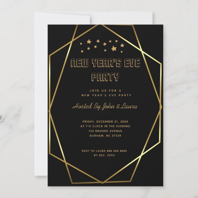 Elegant Black & gold New Years Party Announcement (Front)
