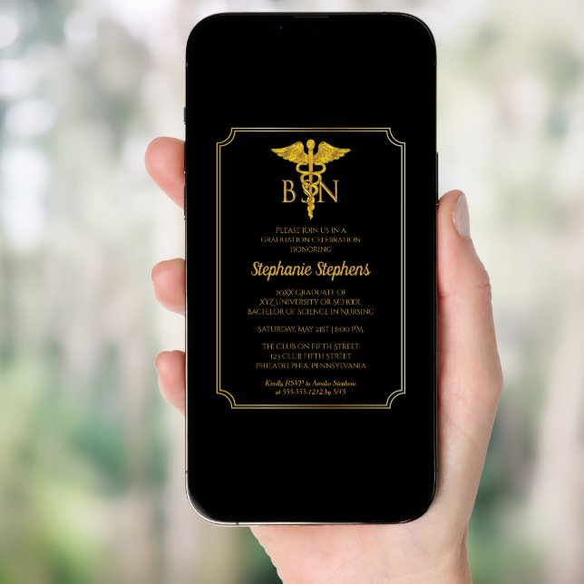 Elegant Black | Gold Nurse BSN Graduation Party Invitation (Front Digital)