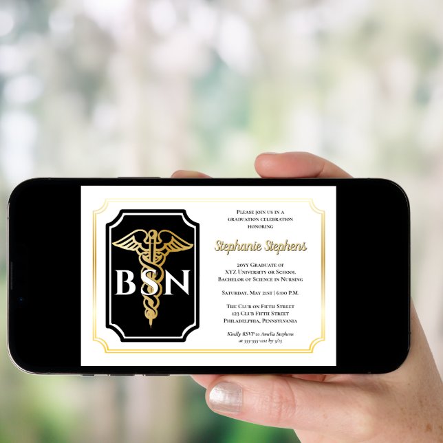 Elegant Black | Gold Nurse BSN Graduation Party Invitation (Front Digital)