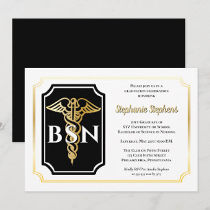Elegant Black   Gold Nurse BSN Graduation Party Invitation