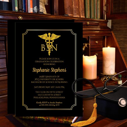 Elegant Black  Gold Nurse BSN Graduation Party Invitation