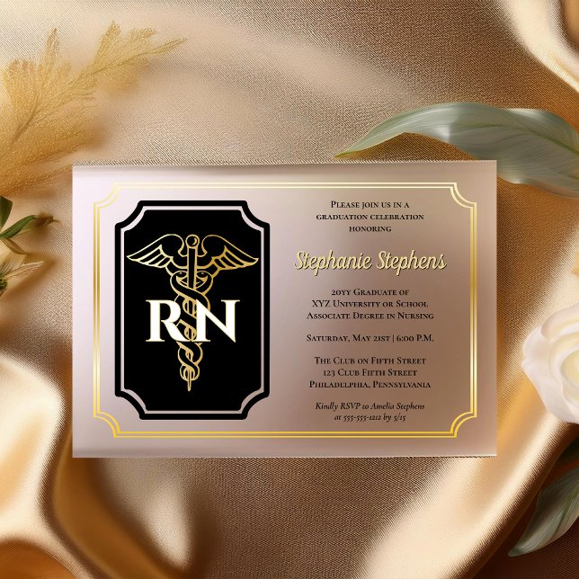 Elegant Black | Gold Nurse RN Graduation Party Acrylic Invitations (Elegant Black and Gold T One Nurse "RN" Graduation Party Acrylic Invitations)