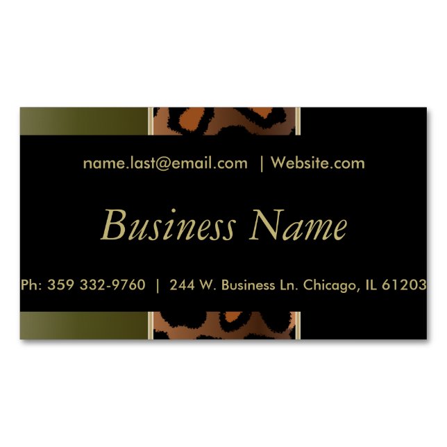 Elegant Black, Gold & Olive Green Leopard Stripes Business Card Magnet (Front)