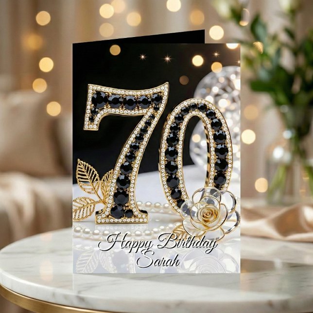 Elegant Black Gold Onyx Pearl 70th Birthday Card (Creator Uploaded)