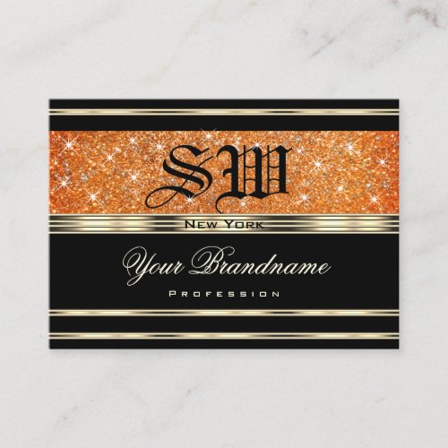 Elegant Black Gold Orange Sparkle Glitter Monogram Business Card