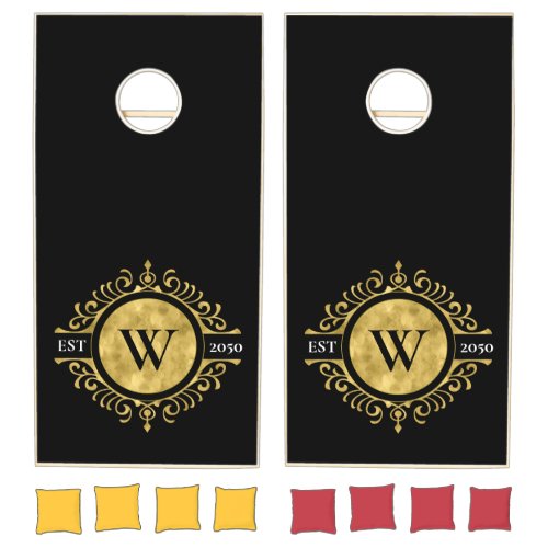 Elegant Black Gold Ornament Family Monogram Cornhole Set