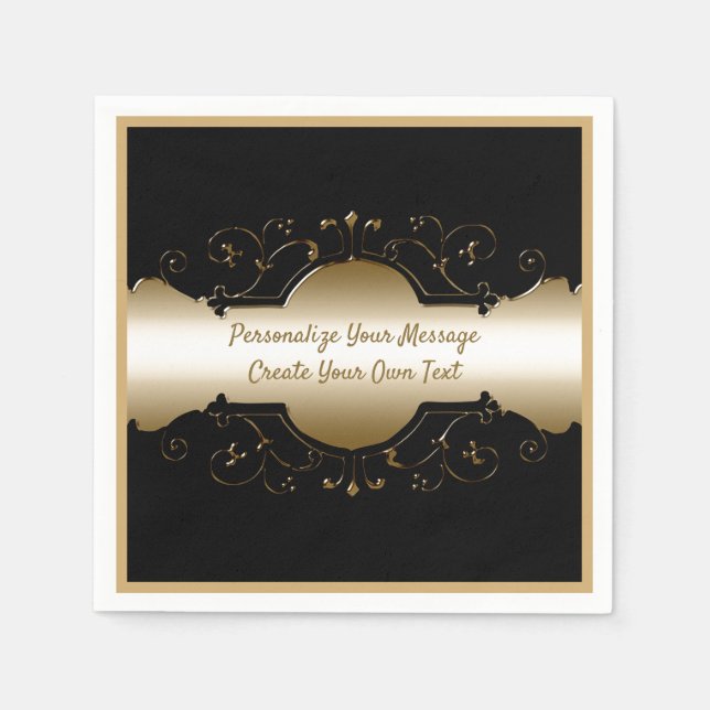 Elegant Black & Gold Ornamental Design Personalize Napkins (Front)