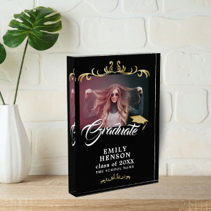 Elegant Black Gold Ornaments Grad Graduation Photo Block