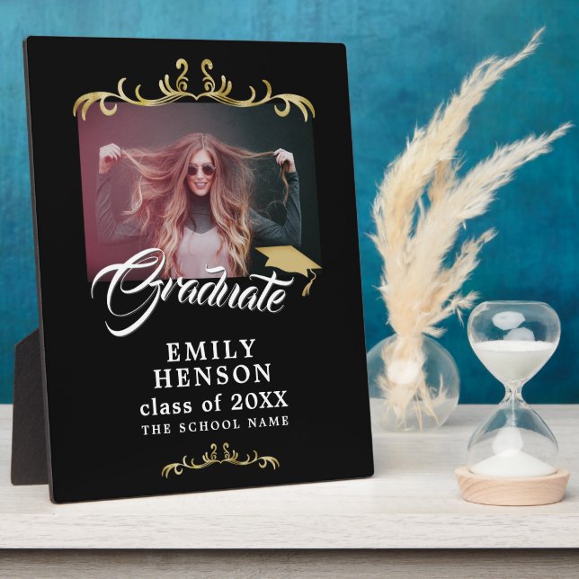 Elegant Black Gold Ornaments Grad Graduation Photo Plaque (Side)