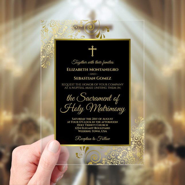 Elegant Black & Gold Ornate Catholic Wedding Acrylic Invitations (Clear Acrylic with Rectangle Cut)