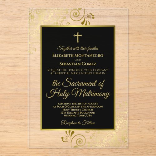 Elegant Black &amp; Gold Ornate Catholic Wedding Acrylic Invitations