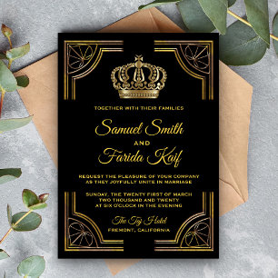 Elegant Black Gold Ornate Crown Wedding Invitation