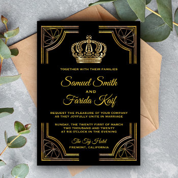 Elegant Black Gold Ornate Crown Wedding Invitation by ShabzDesigns at Zazzle