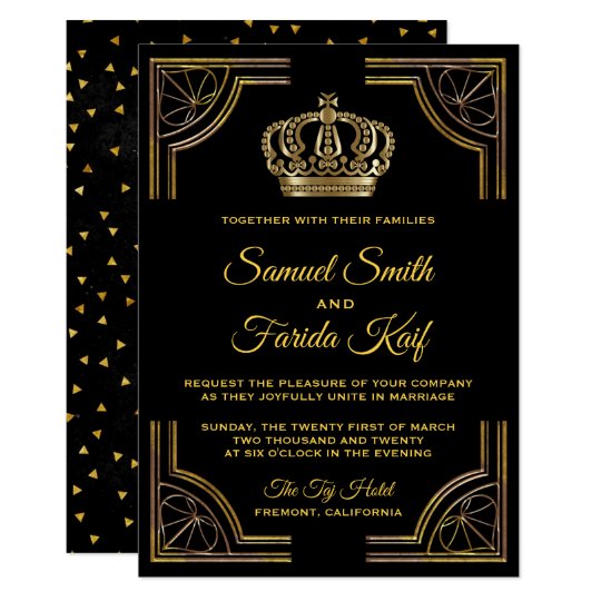 Elegant Black Gold Ornate Crown Wedding Invitation 