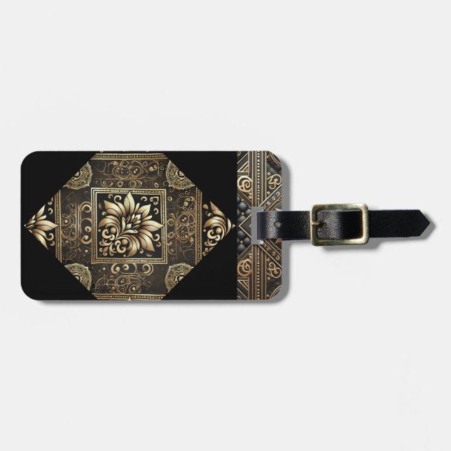 Elegant Black & Gold Ornate Luggage Tag (Front Horizontal)