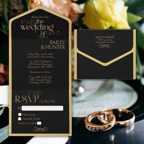 Elegant Black Gold Ornate Typography Wedding All In One Invitation