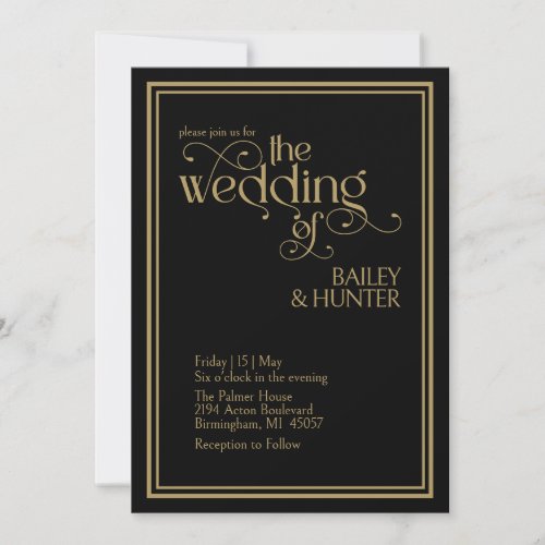 Elegant Black Gold Ornate Typography Wedding Invitation