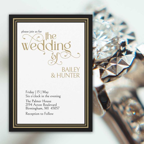 Elegant Black Gold Ornate Typography Wedding Invitation