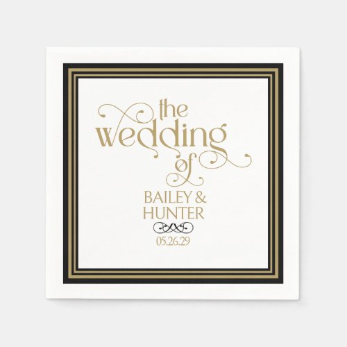 Elegant Black Gold Ornate Typography Wedding Napkins