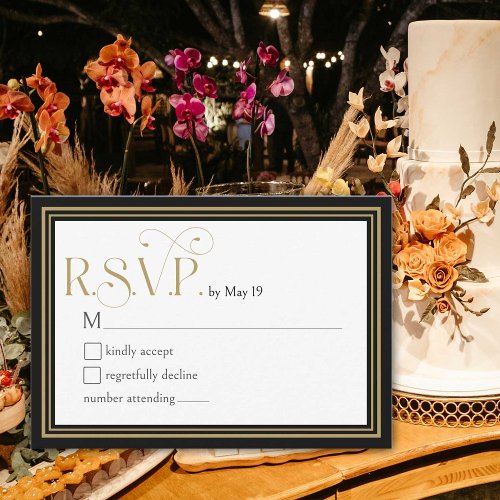 Elegant Black Gold Ornate Typography Wedding RSVP Card