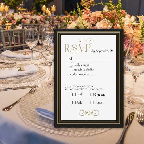 Elegant Black Gold Ornate Typography Wedding RSVP Card