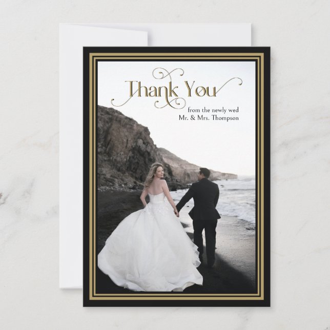 Elegant Black Gold Ornate Typography Wedding Thank You Card (Front)