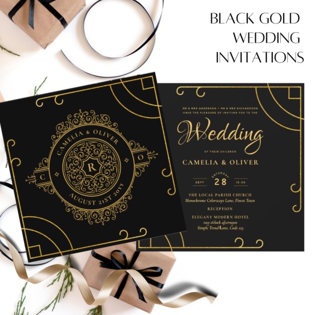 Elegant Black Gold Ornate Vintage WEDDING Invitation (Creator Uploaded)