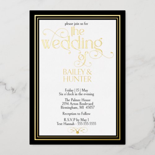 Elegant Black Gold OrnateTypography Wedding Foil Invitation