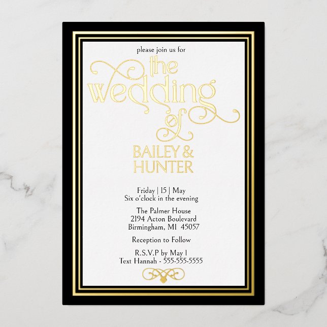 Elegant Black Gold OrnateTypography Wedding Foil Invitation (Front)