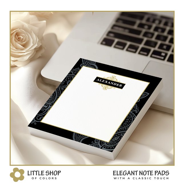 Elegant Black Gold Paisley Customizable Monogram Notepad (Creator Uploaded)
