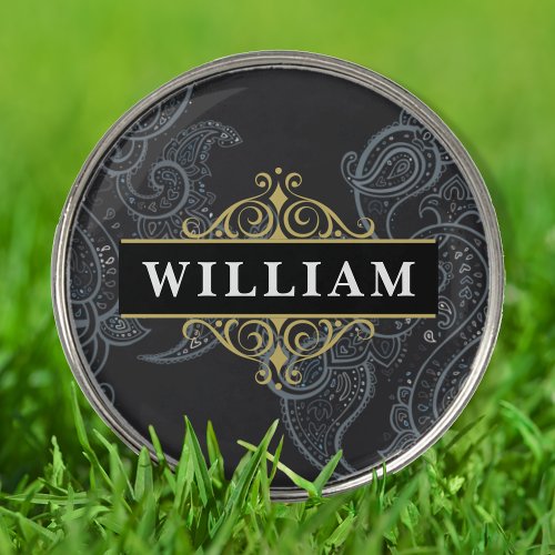 Elegant Black Gold Paisley Elegant Monogram Golf Ball Marker