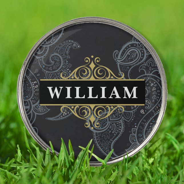 Elegant Black Gold Paisley Elegant Monogram Golf Ball Marker (Creator Uploaded)