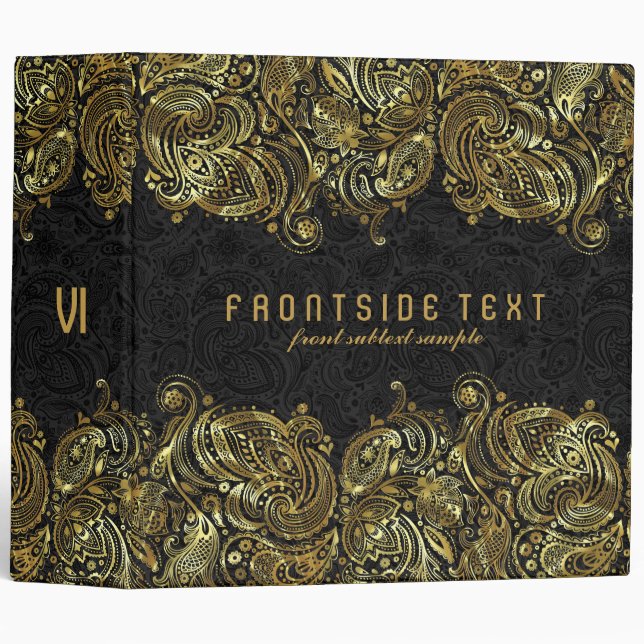Elegant Black & Gold Paisley Lace 2 3 Ring Binder (Front/Spine)