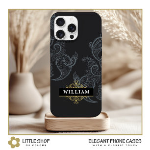 Elegant Black Gold Paisley Monogram iPhone 15 Case