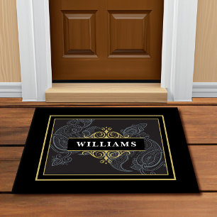 Elegant Black Gold Paisley Monogram Doormat